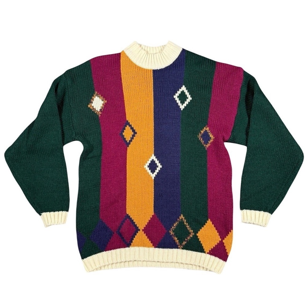 Gina Peters Sport Vintage Sweater Large Multicolor Argyle Stripe Knit 80s 90s